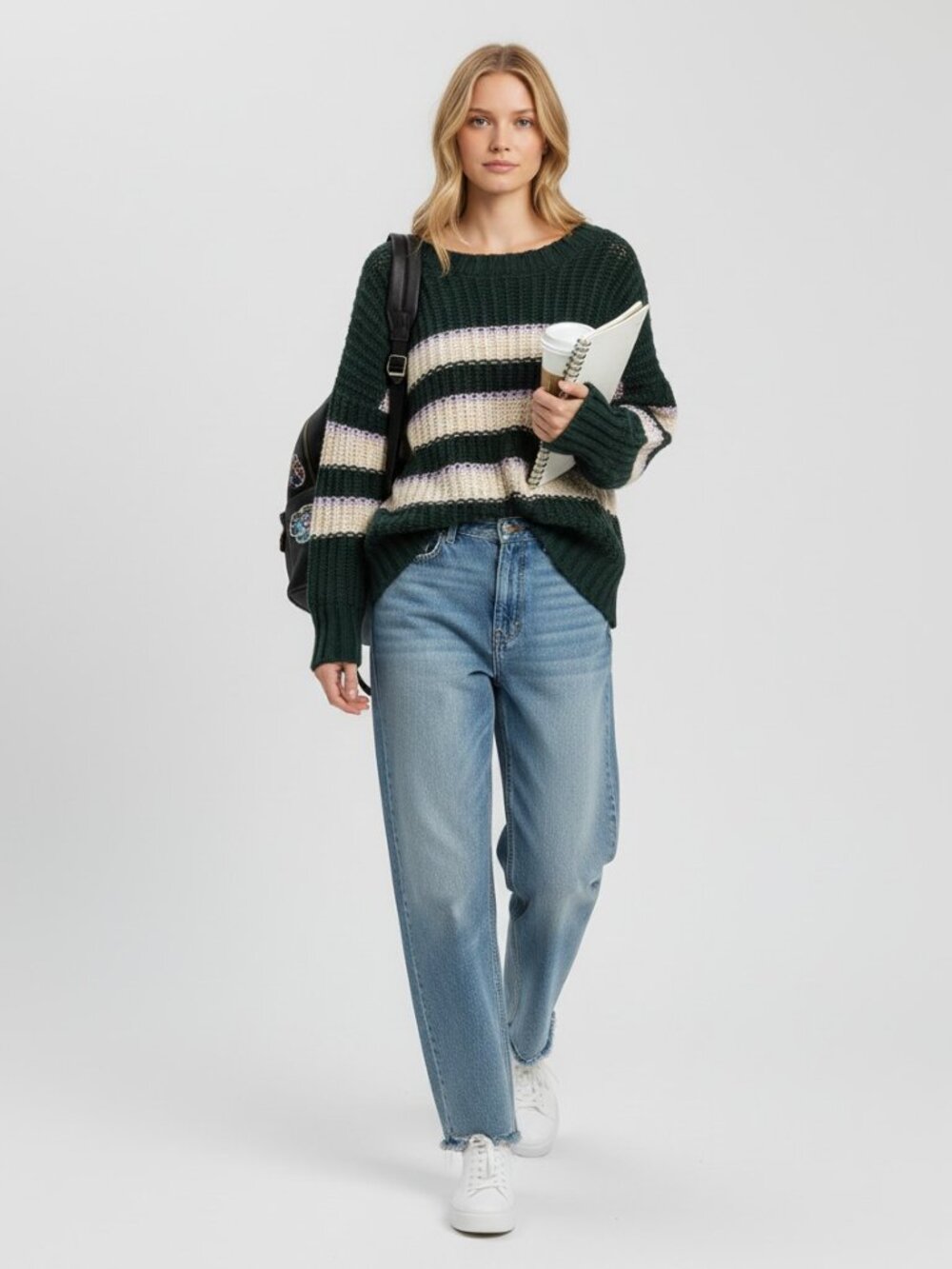 Aerie Offline Chunky Oversized Striped Sweater – Green Cream & Lavender – Size M